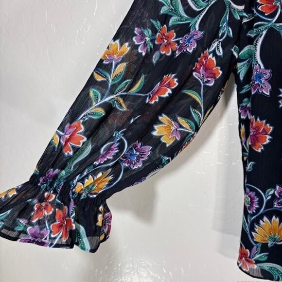 Ramy Brook Shirt Womens XS Navy Multicolor Floral Sheer Chiffon Ruffle Top - Picture 4 of 8